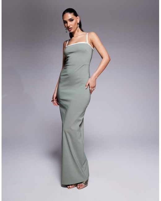 Vesper Gray Bengaline Square Neck Contrast Piping Bodycon Maxi Dress