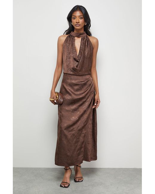 Oasis Brown Satin Jacquard Halter Keyhole Front Midi Dress