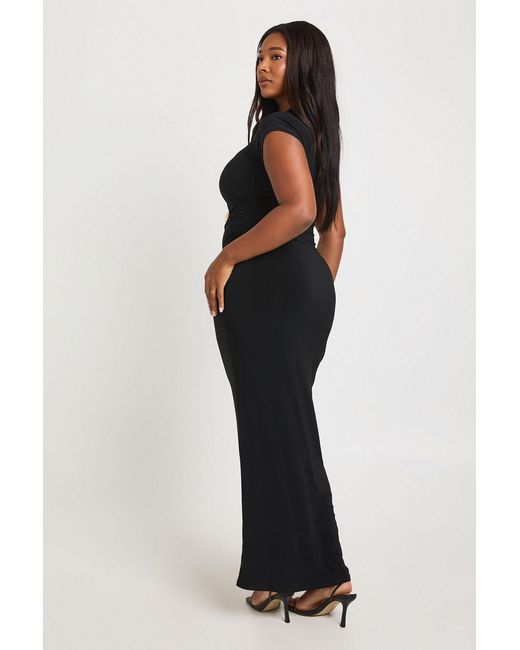 Boohoo Black Plus Ruched Waist Trim Detail Cap Sleeve Maxi Dress