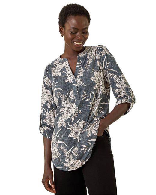 Roman Gray Floral Puff Print Stretch Shirt
