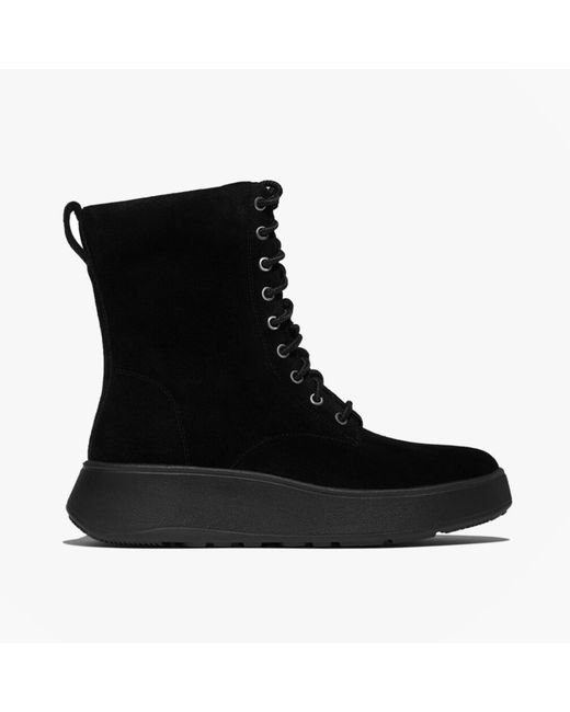 Fitflop Black F-Mode Suede Lace-Up Flatform Ladies Ankle Boots All