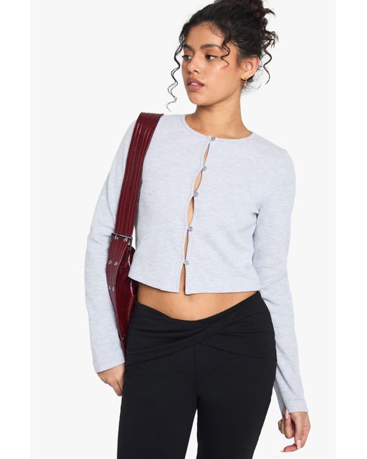Boohoo White Waffle Button Front Scoop Neck Top