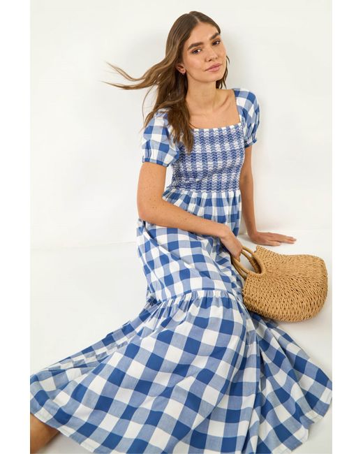 Roman Blue Check Print Shirred Midi Dress