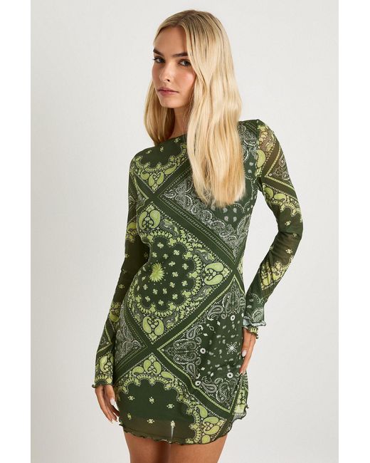 Boohoo Green Mesh Paisley Flare Sleeve Mini Dress