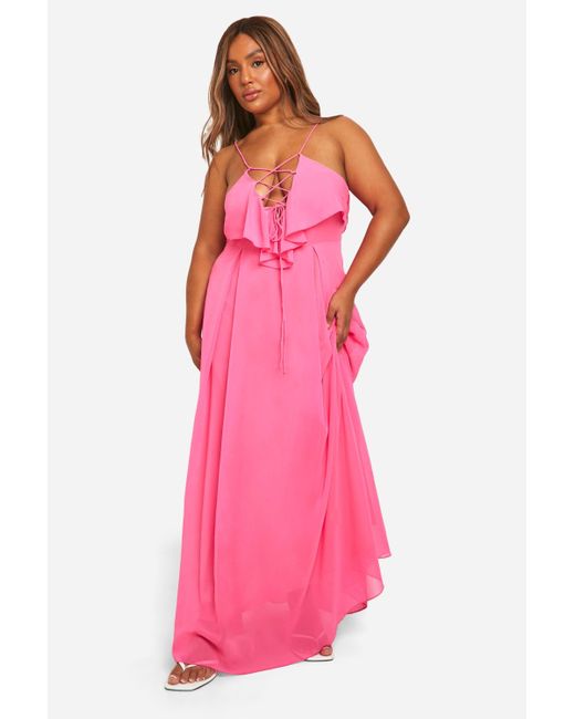 pink dress boohoo boohoo Women's Ruffle Detail Maxi Dress With Scarf in Pink | Size: 10
