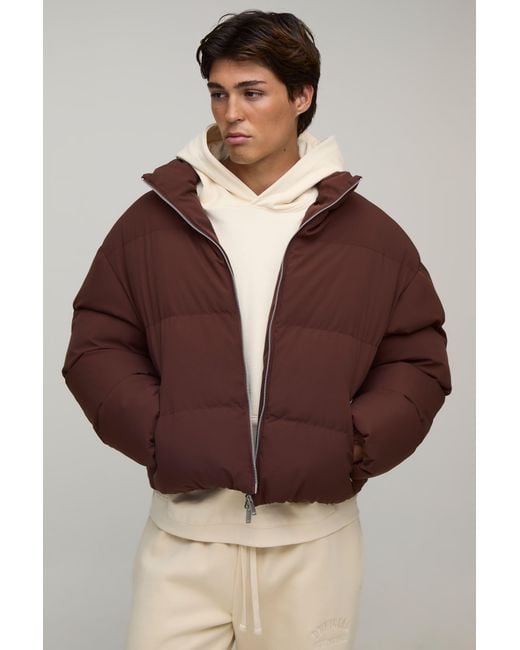 BoohooMAN Brown Boxy Fit Essential Midweight Padded Funnel Neck Puffer Jacket for men
