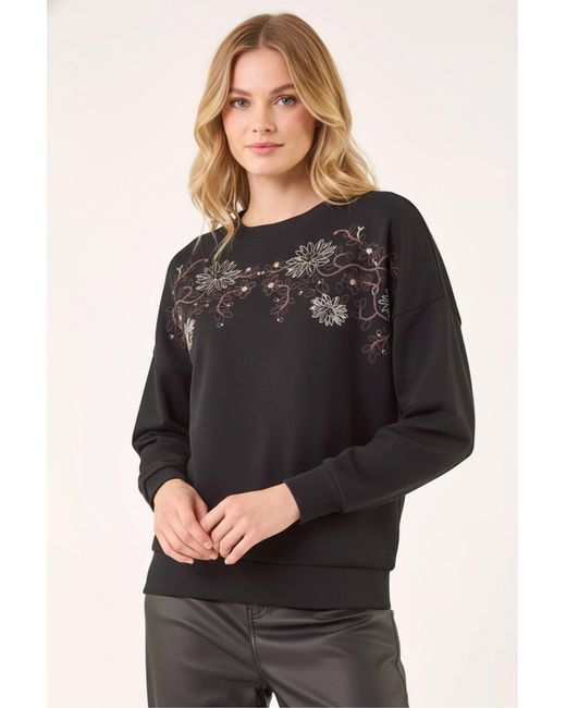 Roman Black Floral Embroidered Stretch Top