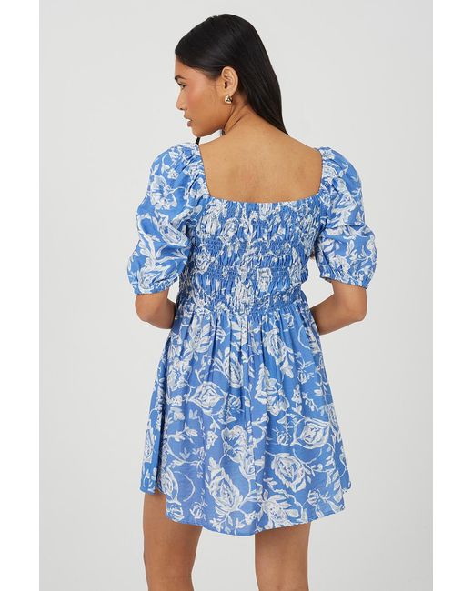 Brave Soul Blue Smocked Short Sleeve Mini Dress