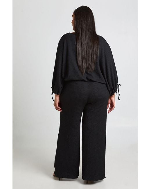 Boohoo Black Plus Textured Ruched Sleeve Balloon Hem Top & Wide Leg Trouser