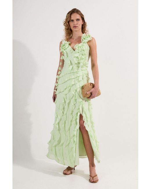 Karen Millen Green Petite Embellished Ruffle Strappy Woven Maxi Dress
