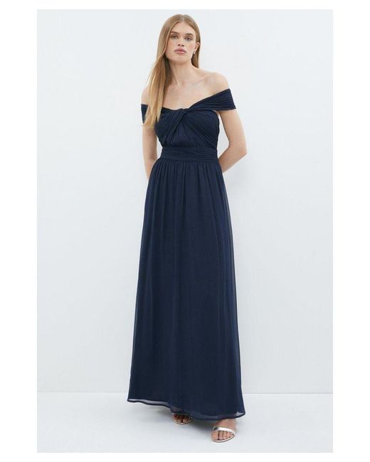 Coast Blue Twist Bardot Crinkle Chiffon Maxi Dress