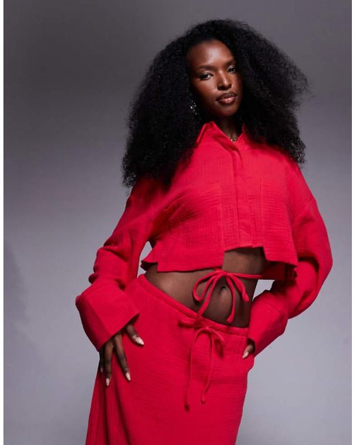 Kaiia Exclusive Textured Cotton Cropped Tie Back Oversized Shirt Co-Ord