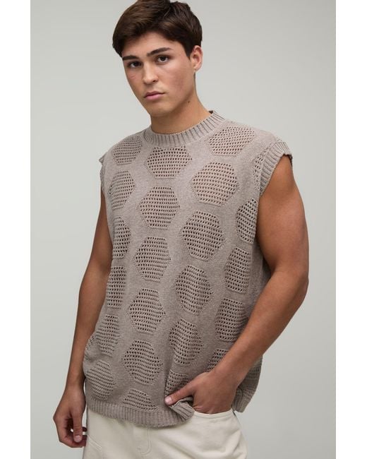 BoohooMAN Gray Oversized Open Stitch Geo Knitted Tank for men