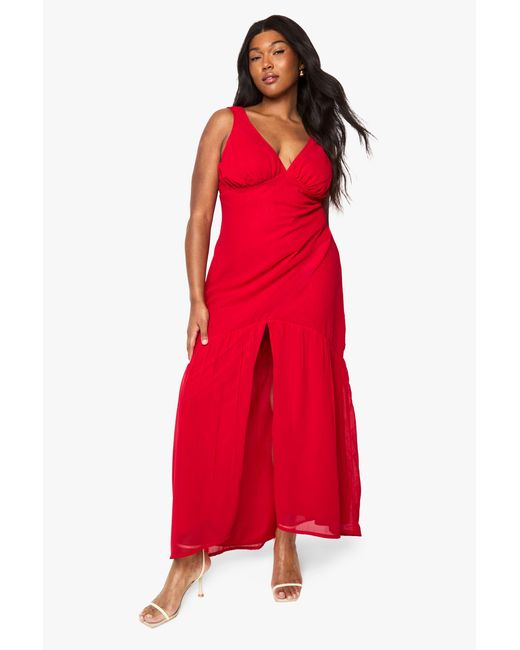 Boohoo Red Plus Chiffon Underbust Godet Maxi Dress