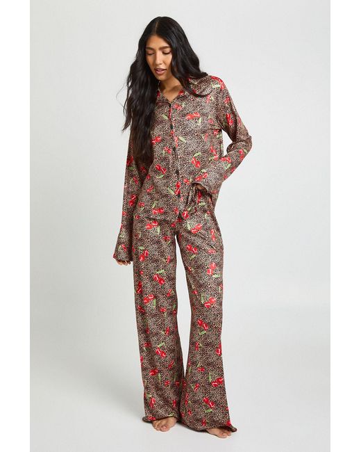 Boohoo Multicolor Tall Cherries & Print Long Sleeve Shirt & Trouser Pyjama Set
