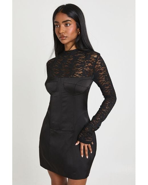 Boohoo Black Lace High Neck Corset Mini Dress