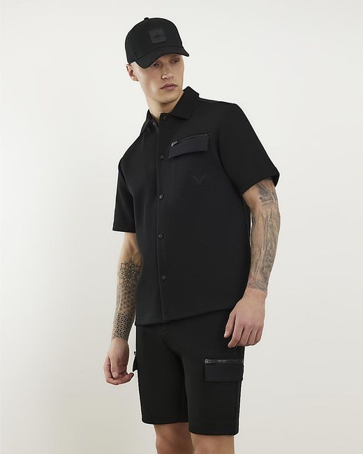 River Island Black Shirt Regular Fit Premium Short Sleeve Cotton for men
