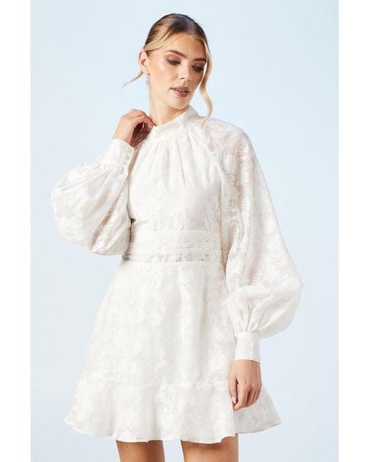 Oasis White High Neck Blouson Sleeve Frill Satin Mini Bridal Dress