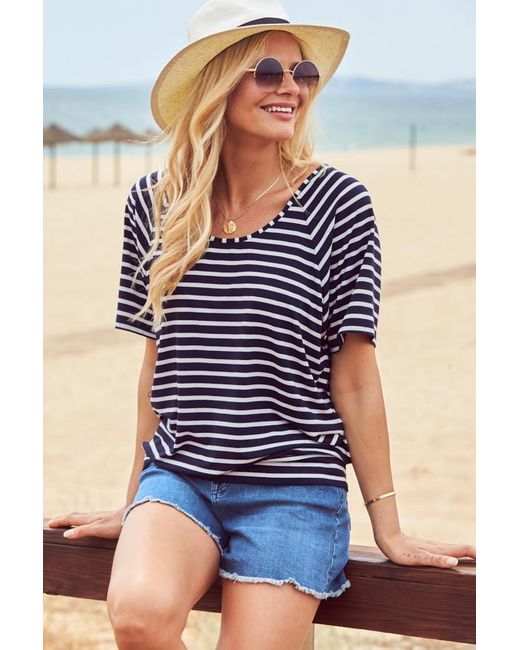 Sosandar Blue Striped Relaxed Fit Scoop Neck T-Shirt Denim