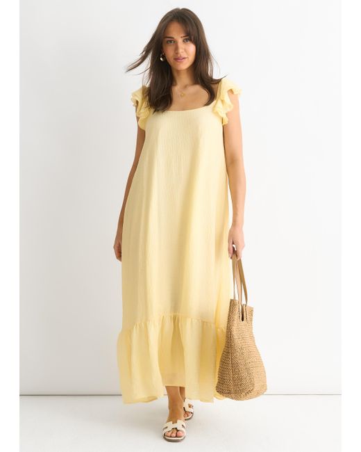 Gini London Natural Lemon Ruffle Short Sleeve Viscose Maxi Dress