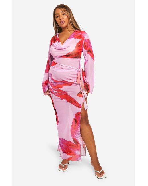 Boohoo Red Plus Floral Ring Wrap Beach Co-Ord