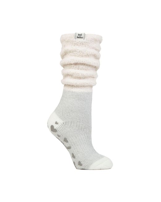 Heat Holders White Ladies Fluffy Slouch Top Non Slip Thermal Bed Socks