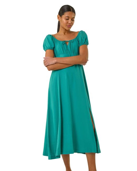 Roman Green Puff Sleeve Linen Mix Midi Dress