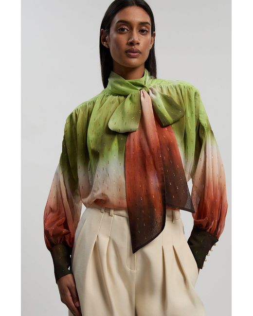 Karen Millen Green Metallic Thread Ombre Print Woven Balloon Sleeve Blouse