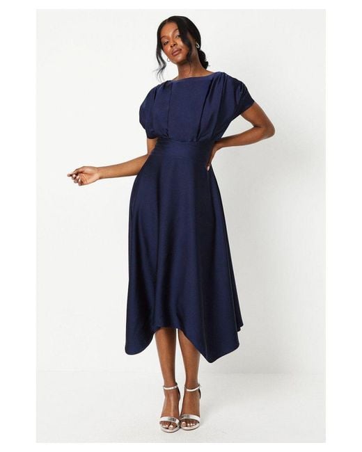Coast Blue Satin Pleat Shoulder Handkerchief Hem Midi Dress