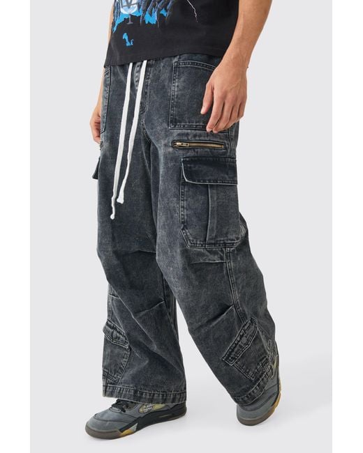 BoohooMAN Blue Elastic Waist Acid Wash Parachute Cargo Jeans for men