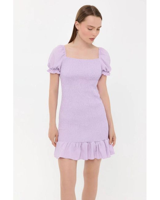 Hiccup Purple Ribbed Ruffled Square Neck Mini Dress With Balloon Sleeves