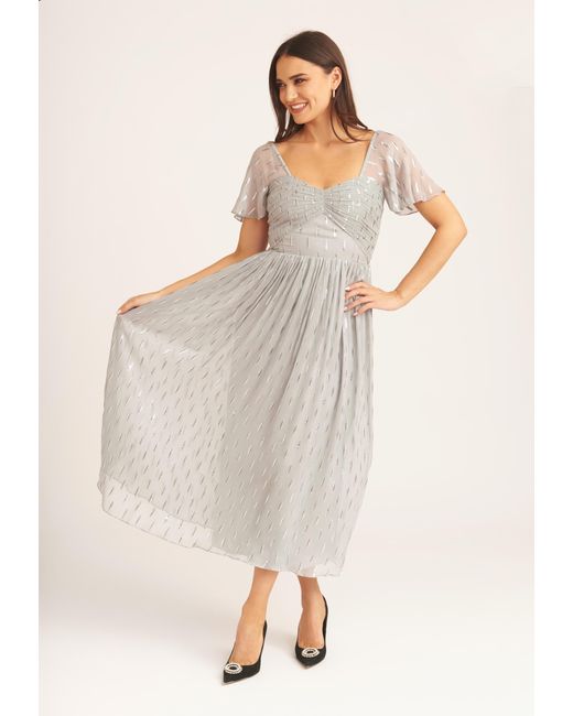 Gini London Natural Jacquard Metallic Angel Sleeves Midi Dress