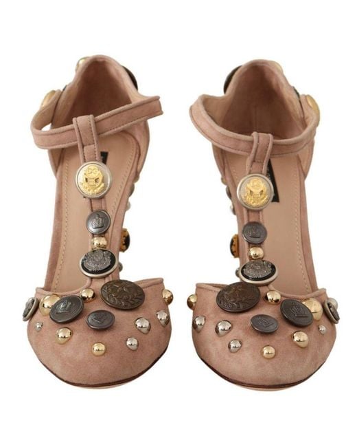 Dolce & Gabbana Brown Suede T-Strap Pumps With Embellishment