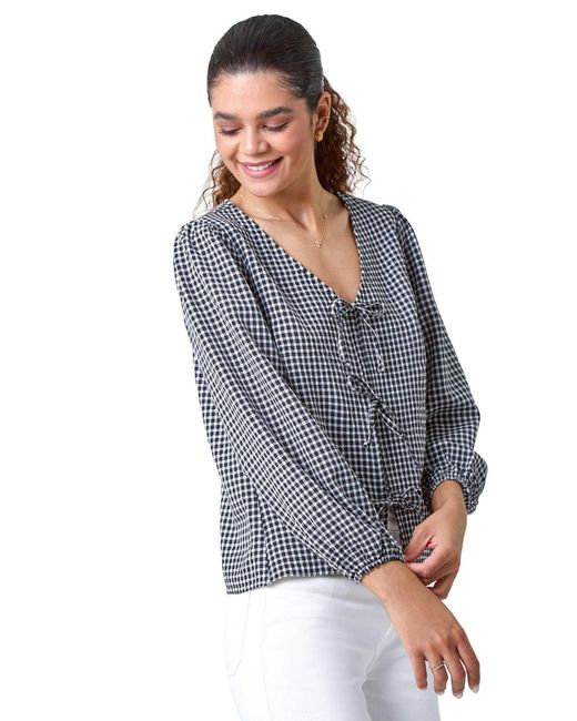 Roman Blue Gingham Print Tie Front Woven Top