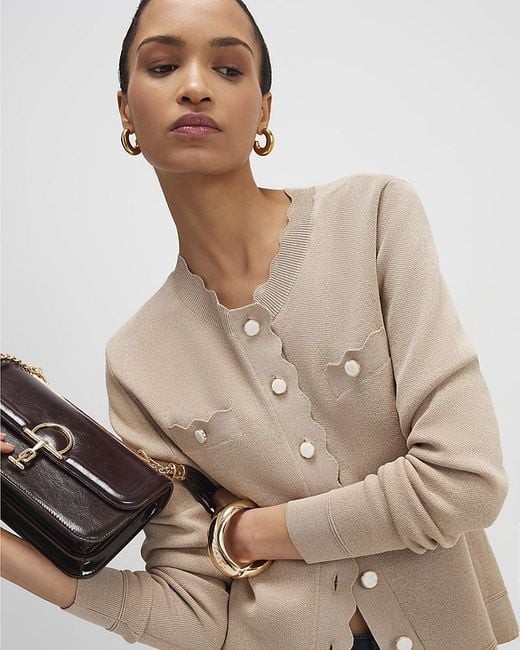 River Island Brown Cardigan Knit Fitted Scallop Trim Nylon