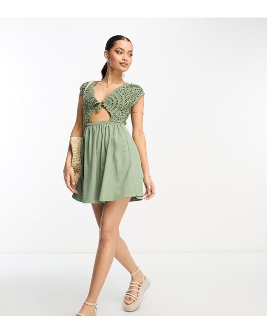 ASOS Green Design Crochet Mix Mini Dress With Tie Detail