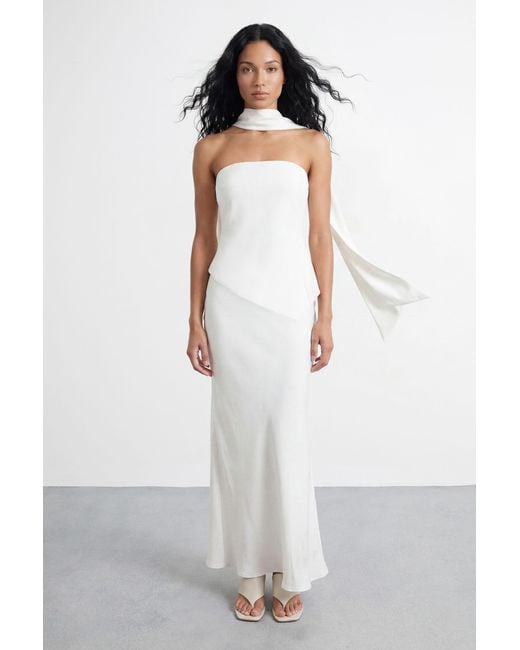 Warehouse White Strapless Structured Bodice Satin Midi Dress