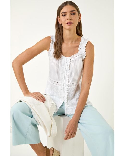 Roman White Embroidered Trim Cami Top