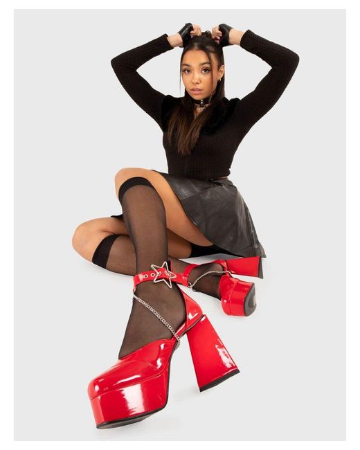 Lamoda Red Ankle Boots Famous Friend Roundtoe Platform Heel With Straps & Chains