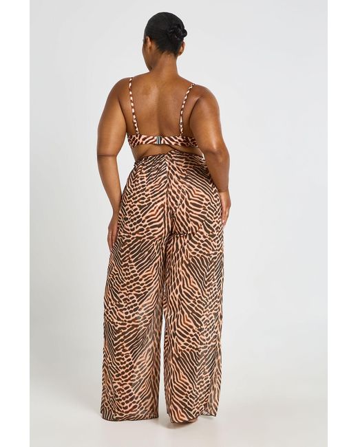 Boohoo Brown Plus Abstract Print Chiffon Wide Leg Beach Trouser