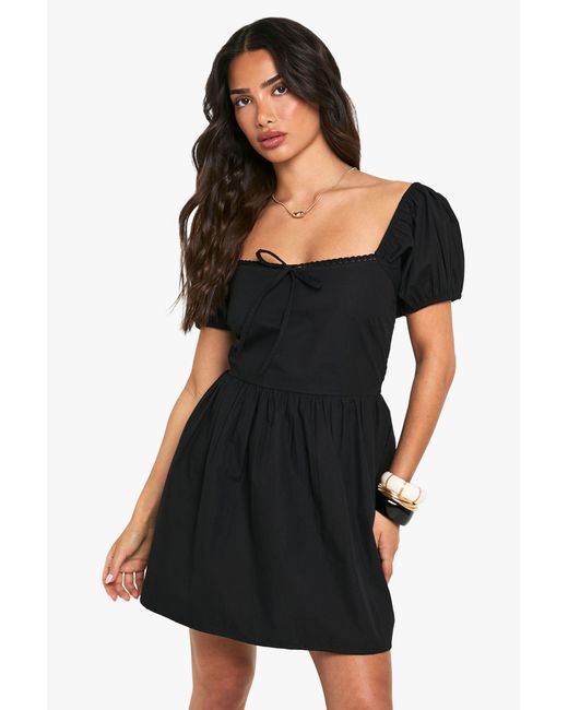 Boohoo Black Petite Cotton Poplin Puff Sleeve Mini Dress