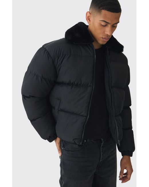 BoohooMAN Blue Boxy Faux Fur Collar Puffer Jacket In Black for men