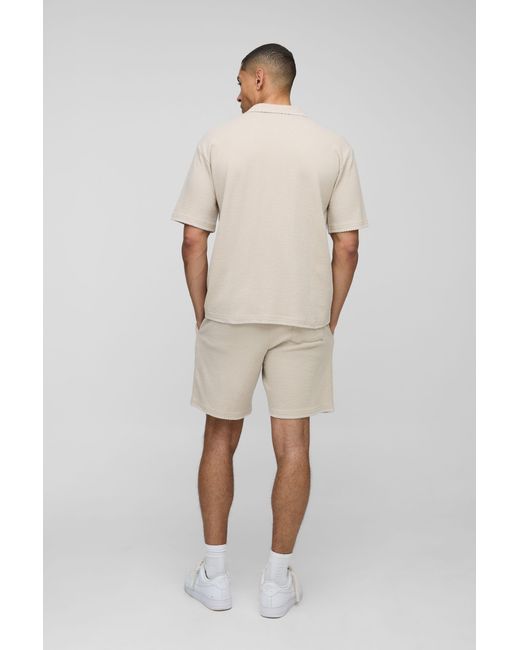 BoohooMAN Natural Oversized Contrast Stitch Waffle Shirt & Loose Fit Short for men