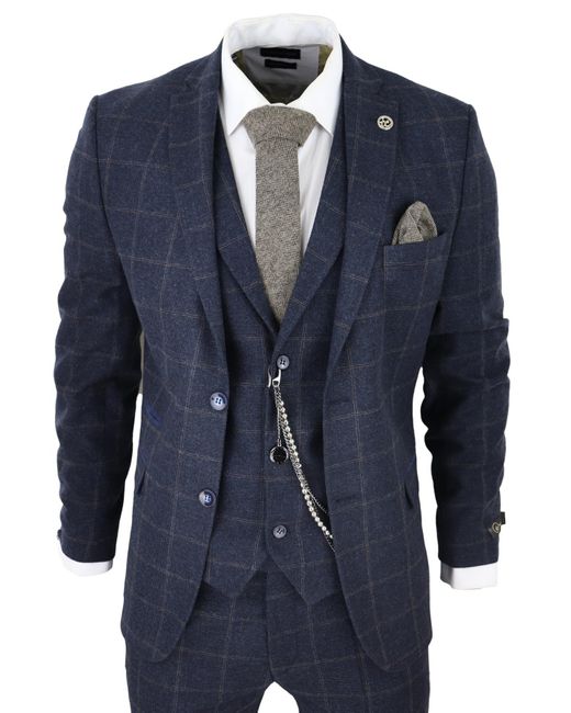 TruClothing Blue 3 Piece Wool Suit Tweed Check Peaky Blinders 1920 Gatsby Formal Canvas for men