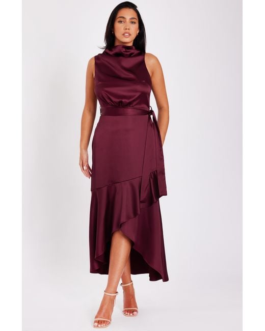 Quiz Red Burgundy Satin Dip Hem Midaxi Dress