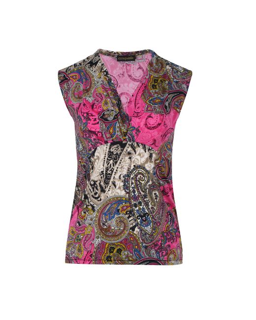 Conquista Purple Print V Neck Jersey Top