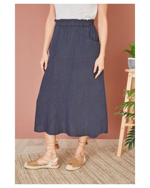 Yumi' Blue Italian Linen Midi Skirt With Pockets