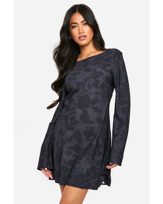 Boohoo Blue Floral Low Back Flare Sleeve Dress