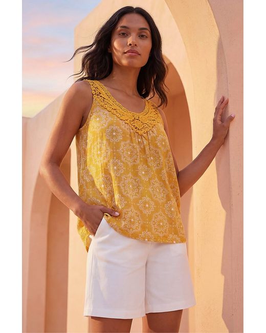 Roman Yellow Printed Crochet Trim Vest Top