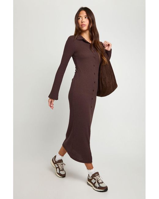 Boohoo Brown Ribbed Collared Button Down Shirt Midaxi Dress